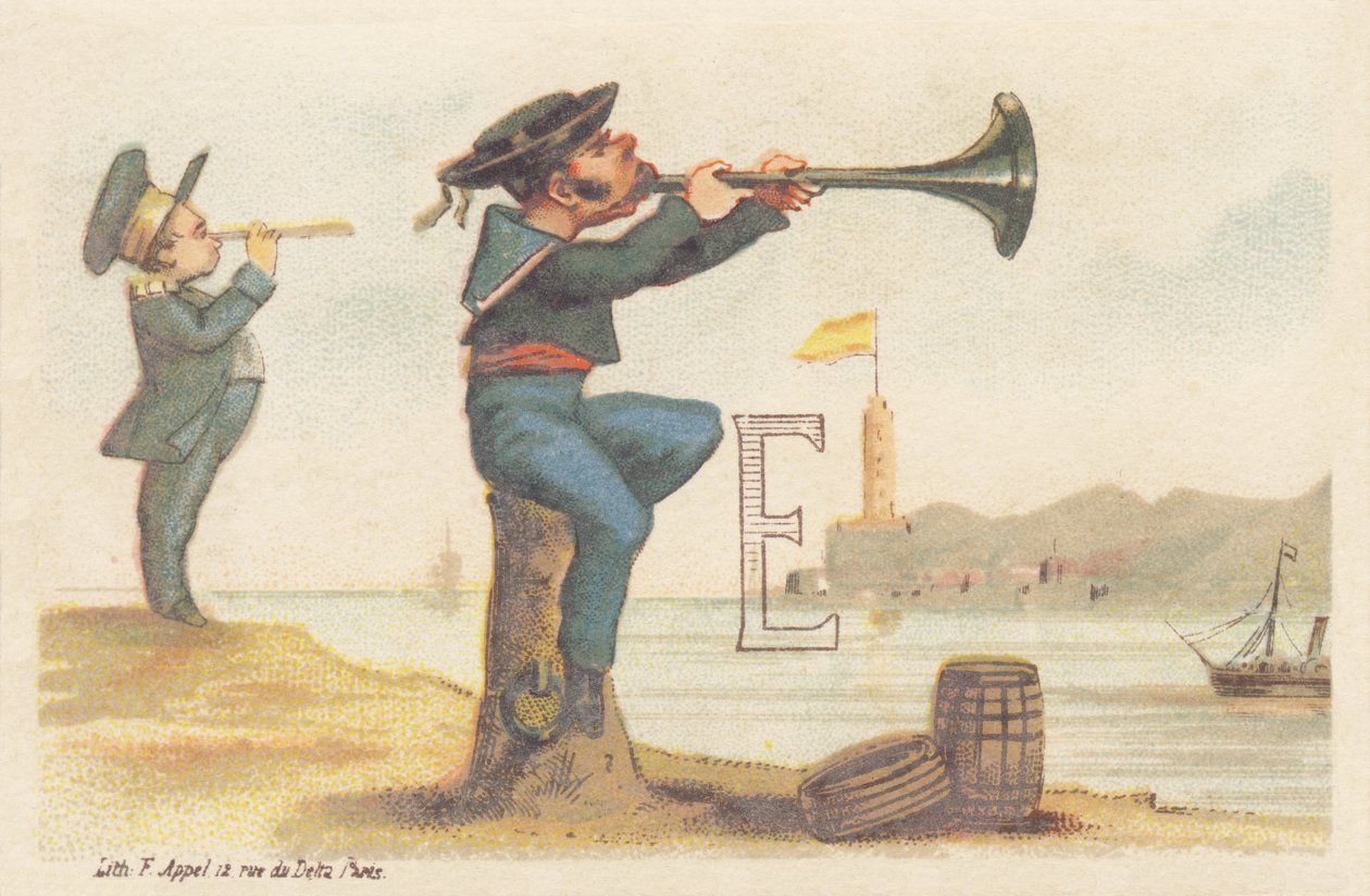 E (letter depicted by a Breton sailor sitting on a mooring bitte and playing bombing) by Francois Antoine Appel