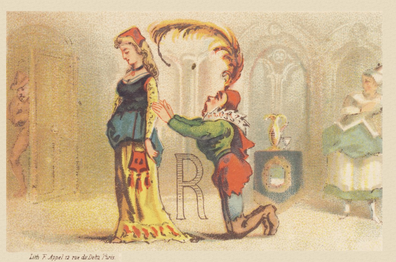 R (letter shown by a lady and a valet on his knees) by Francois Antoine Appel