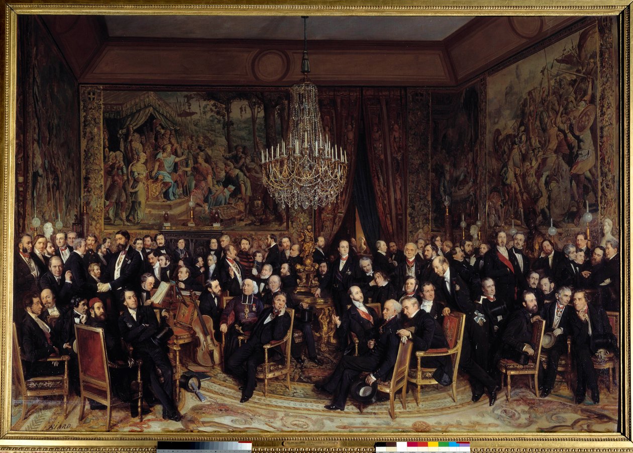 Evening at the Louvre with the Count of Nieuwerkerke Among the presents: Francois Marcellin Certain de Canrobert (1809-1895), Eugene Delacroix (1798-1863), Camille Doucet (1812-1895), Jacques Fromental Levy known as Halevy (1799-1862), Baron Georges Haussm by François Auguste Biard
