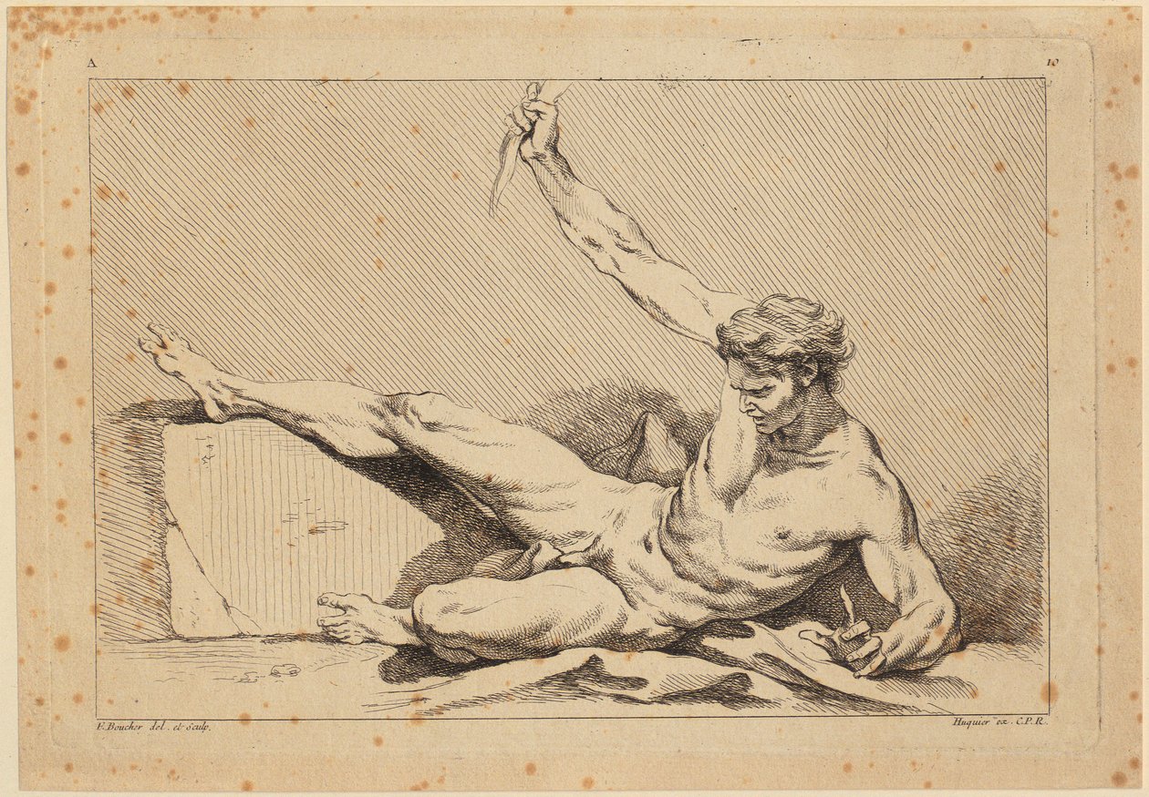 Reclining Male Nude, Plate 10 from "Second Book of Figures of Academies [...]" Engraved in Part by the Professors of the Royal Academy by François Boucher