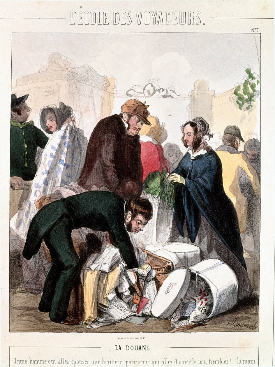 Customs control of the dowry of an heiress who was going to marry a young man. Colour engraving by Francois Bouchot, circa 1830 by Francois Bouchot