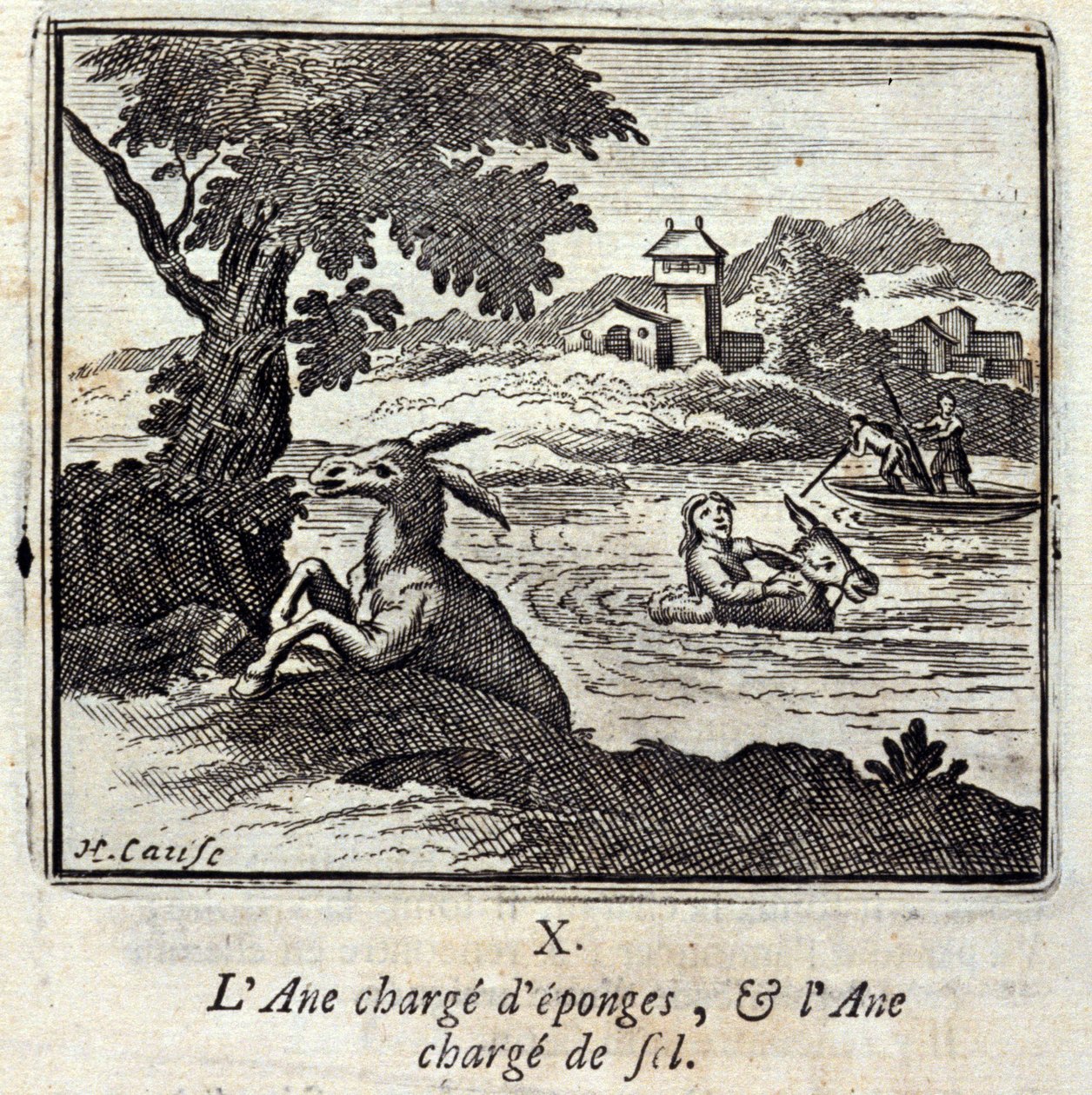 The Donkey Loaded with Sponges and the Donkey Loaded with Salt. Fables by Jean de La Fontaine. Illustration by François Chauveau. Edition of 1728 by Francois Chauveau