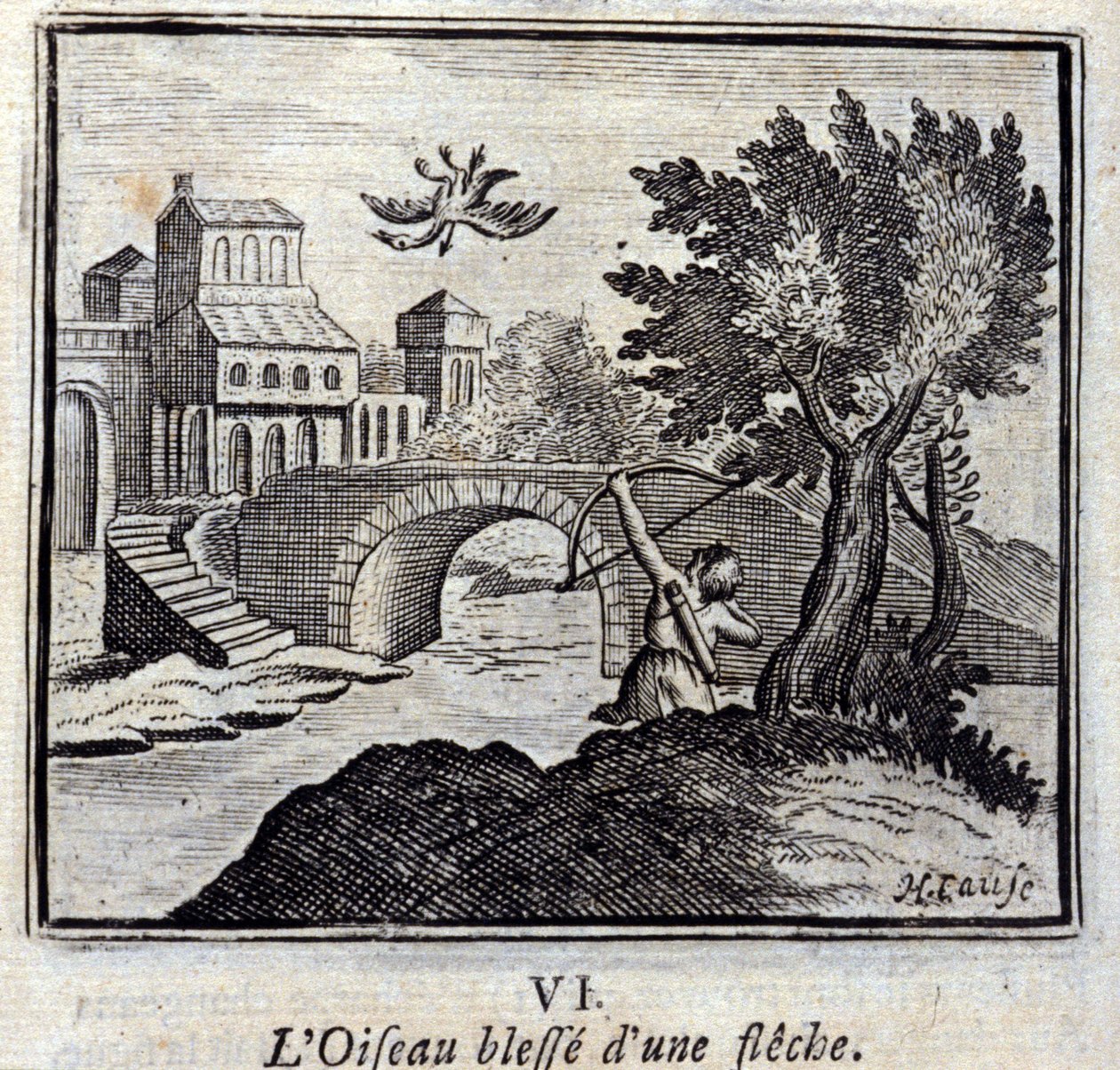 The Bird Wounded by an Arrow. Fables by Jean de La Fontaine. Illustration by François Chauveau. Edition of 1728 by Francois Chauveau