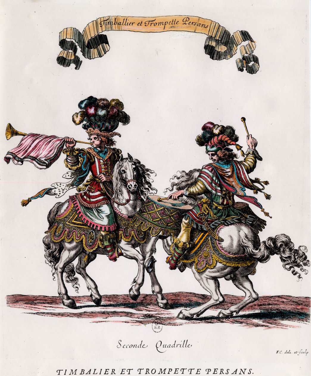 Persian timbalier and trumpet during the carousel given by King Louis XIV. Engraving by Francois Chauveau circa 1662. Private collection by Francois Chauveau