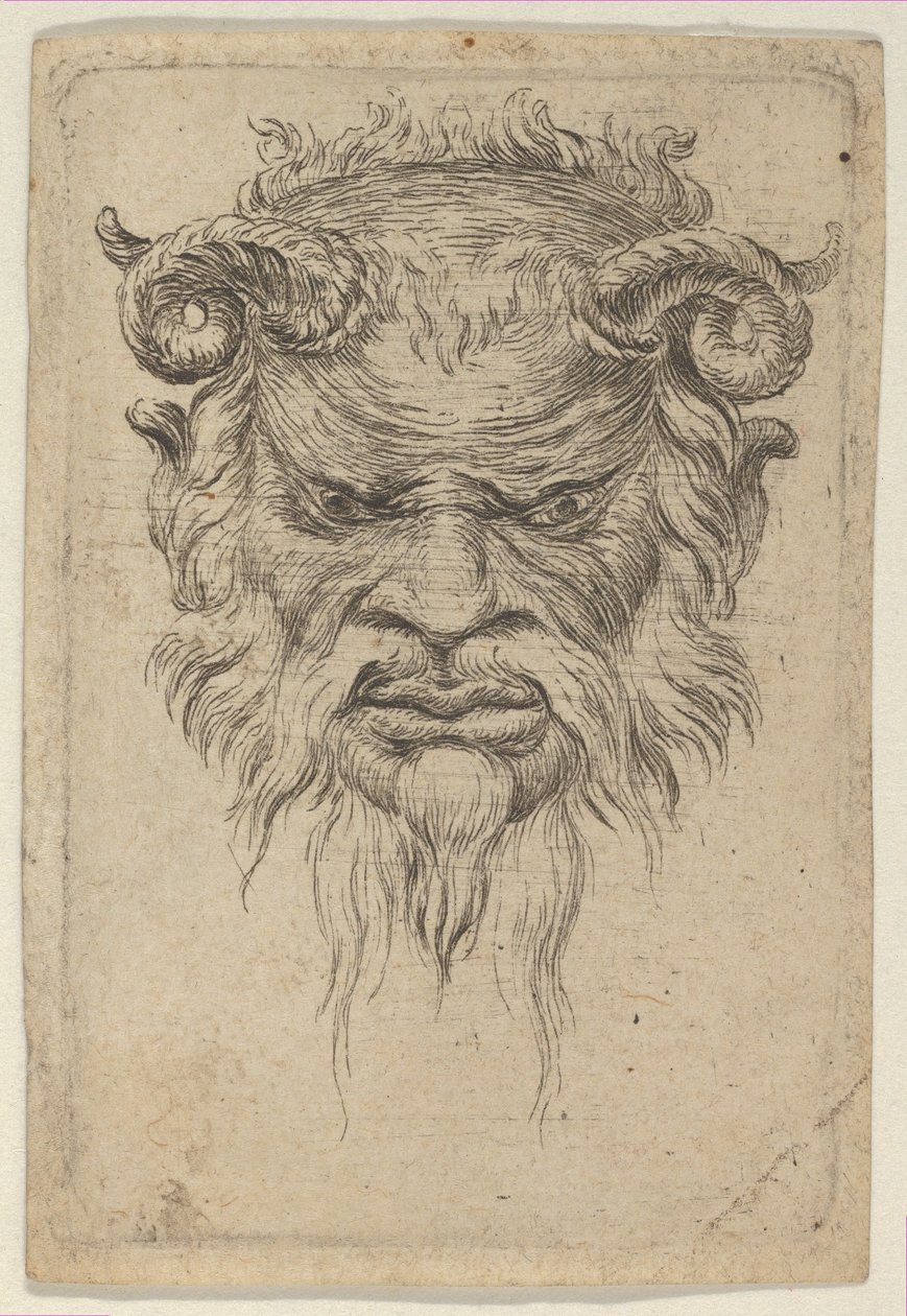 Satyr Mask with Curled Horns Looking Down, from Divers Masques by Francois Chauveau