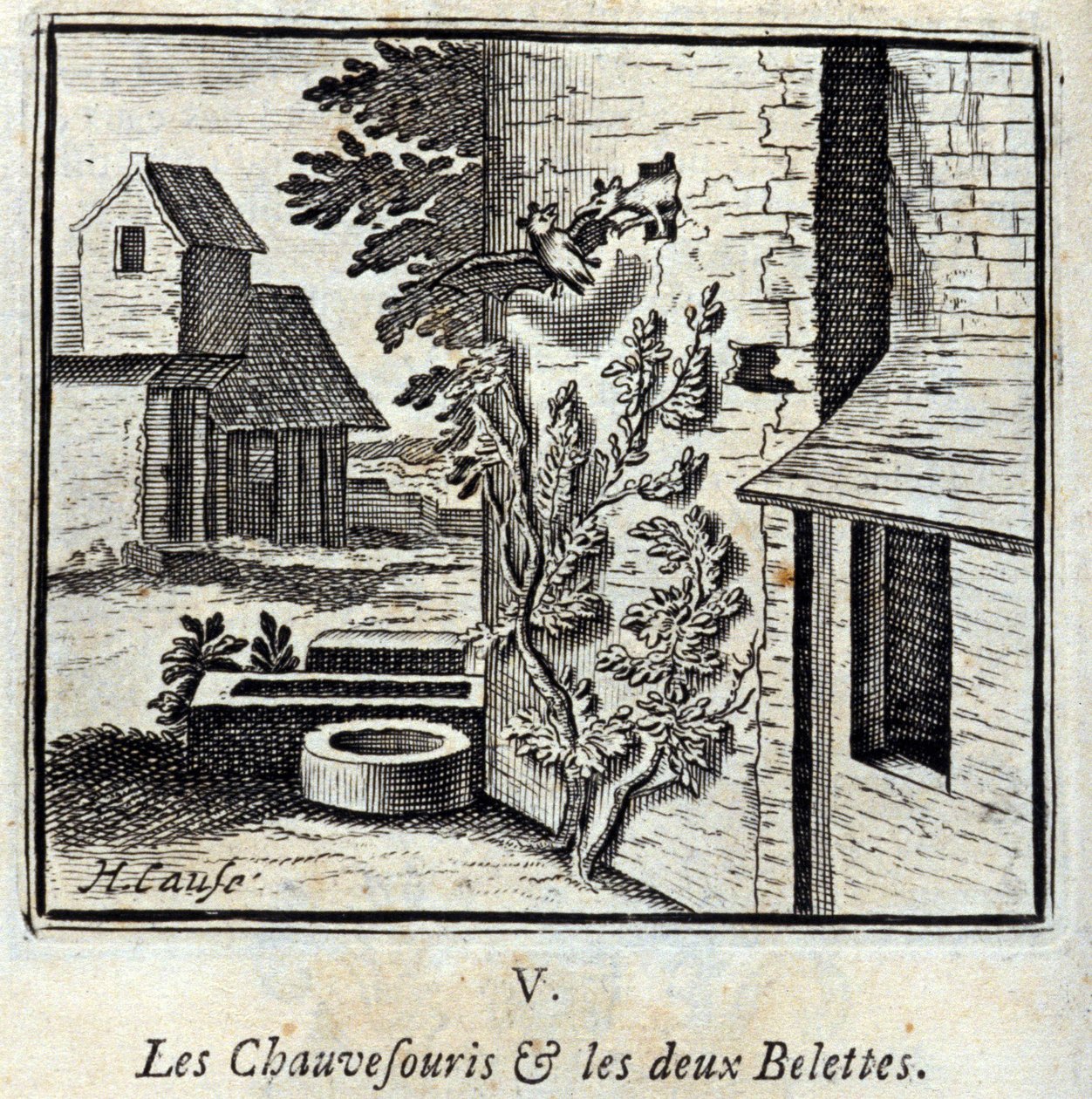 The Bat and the Two Weasels. Fables by Jean de La Fontaine. Illustration by François Chauveau. Edition of 1728 by Francois Chauveau