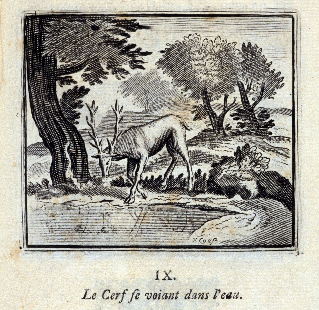 The Deer seeing himself in the water. Fables by Jean de La Fontaine. Illustration by François Chauveau by Francois Chauveau