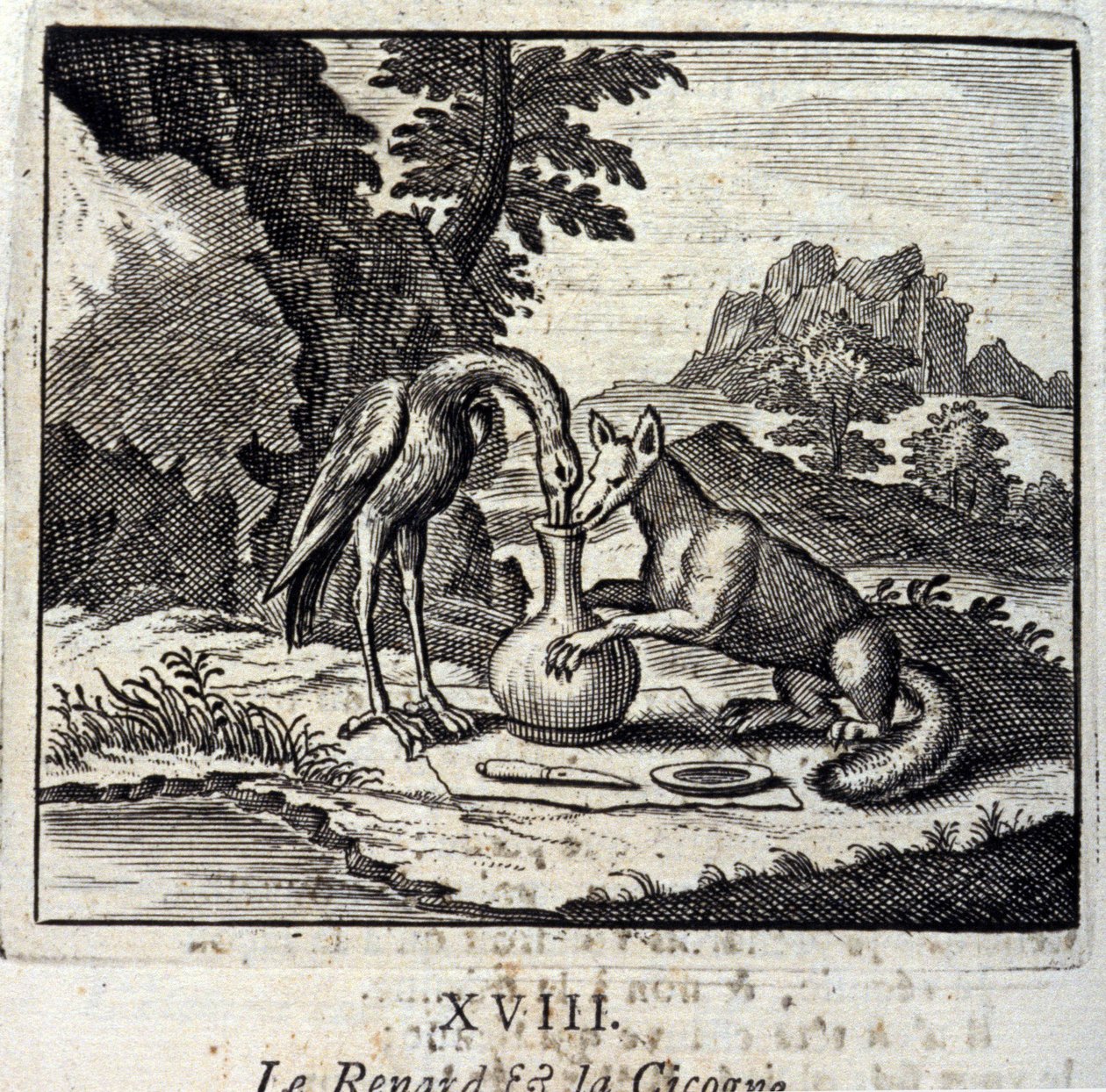 The Fox and the Stork. Fables by Jean de La Fontaine (1621-95). Illustration by François Chauveau (1613-1676). Edition of 1728 by Francois Chauveau