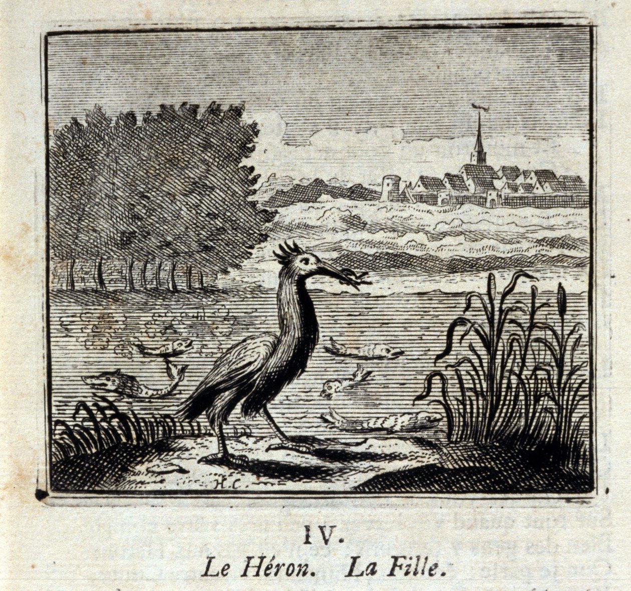The Heron. Fables by Jean de La Fontaine. Illustration by François Chauveau, Edition of 1728 by Francois Chauveau