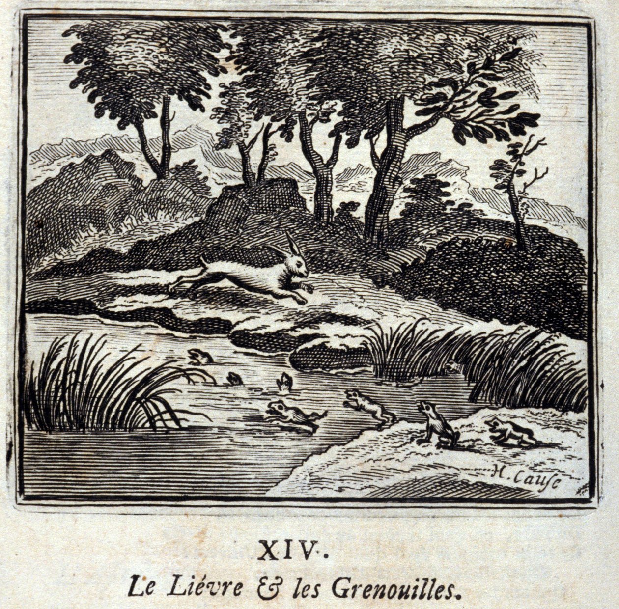The Hare and the Frogs. Fables by Jean de La Fontaine (1621-95). Illustration by François Chauveau (1613-1676). Edition of 1728 by Francois Chauveau