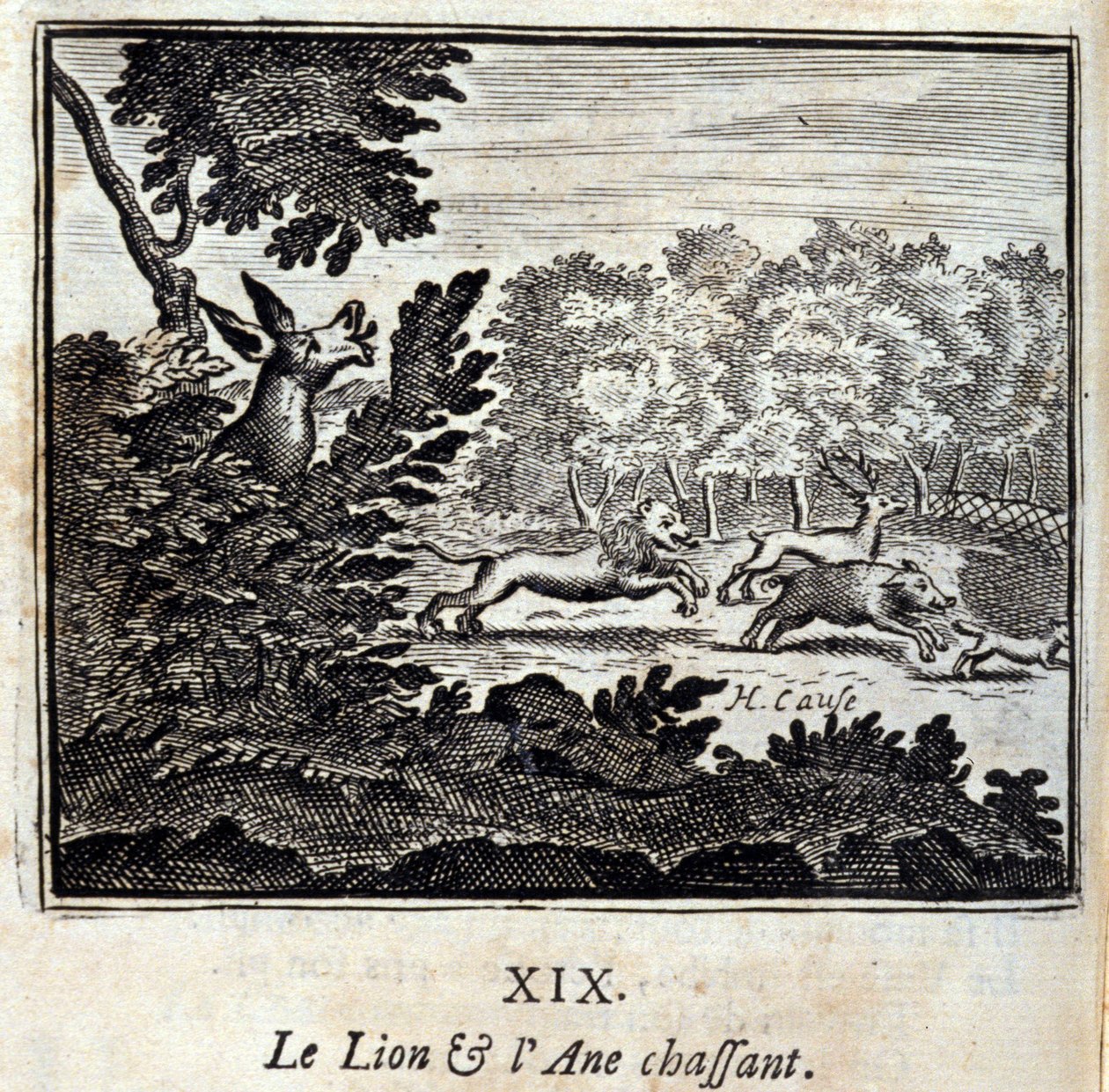 The Lion and the Donkey Hunting. Fables by Jean de La Fontaine (1621-95). Illustration by François Chauveau (1613-1676). Edition of 1728 by Francois Chauveau