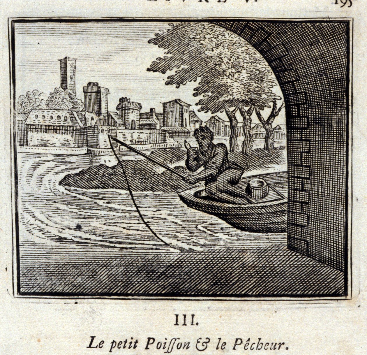 The Little Fish and the Fisherman. Fables by Jean de La Fontaine (1621-95). Illustration by François Chauveau (1613-1676). Edition of 1728 by Francois Chauveau