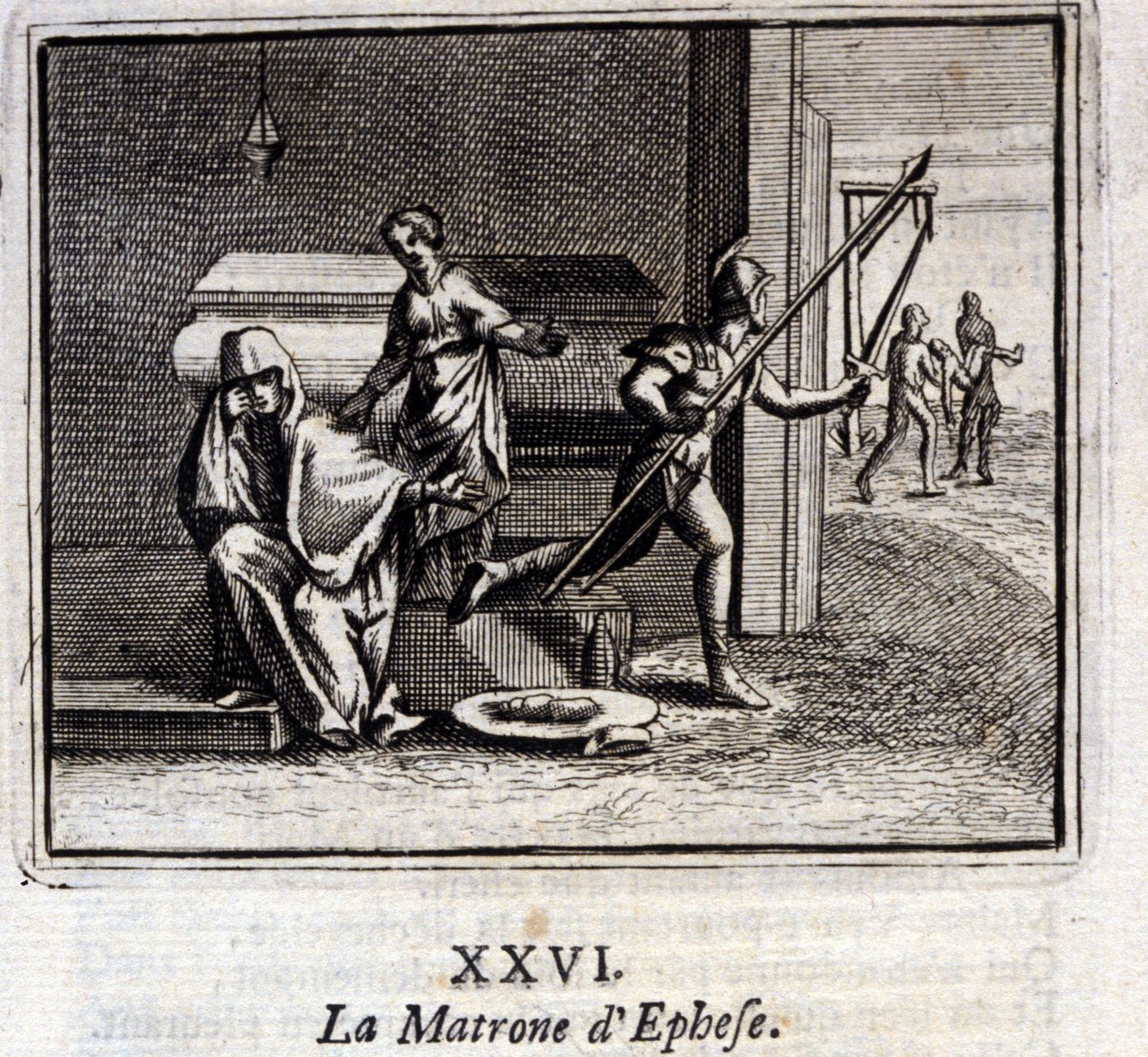 The Matron of Ephese. Fables by Jean de La Fontaine. Illustration by François Chauveau, Edition of 1728 by Francois Chauveau
