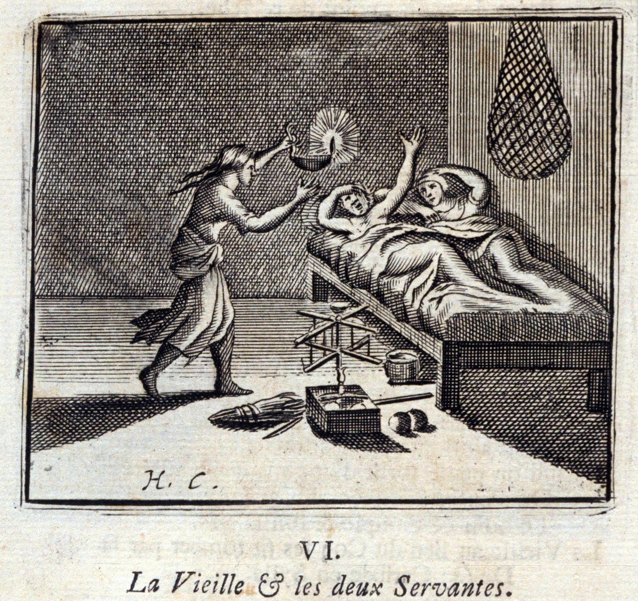 The Old Lady and the Two Servants. Fables by Jean de La Fontaine. Illustration by François Chauveau. Edition of 1728 by Francois Chauveau
