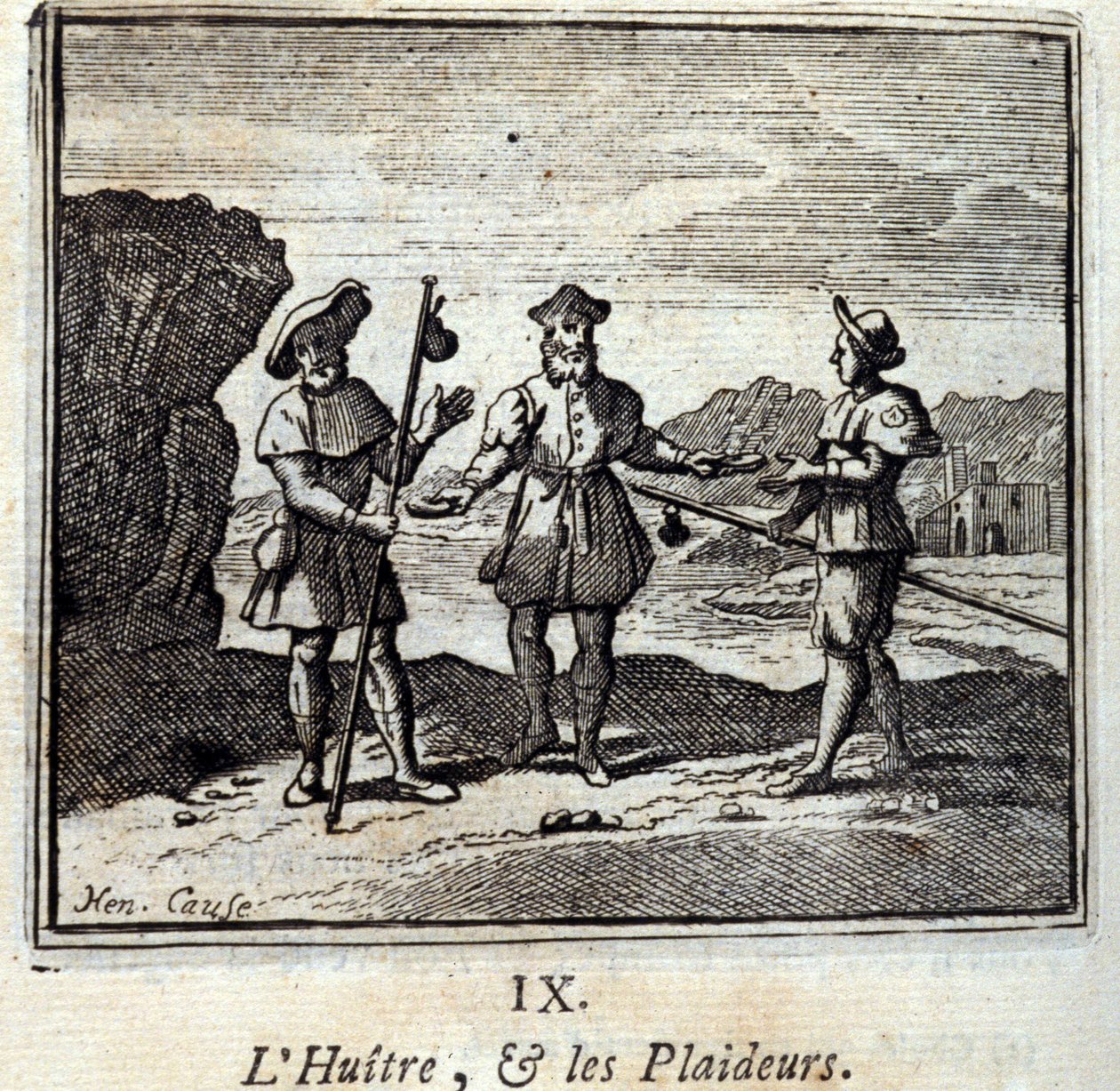 The Oyster and the Litigants. Fables by Jean de La Fontaine. Illustration by François Chauveau. Edition of 1728 by Francois Chauveau