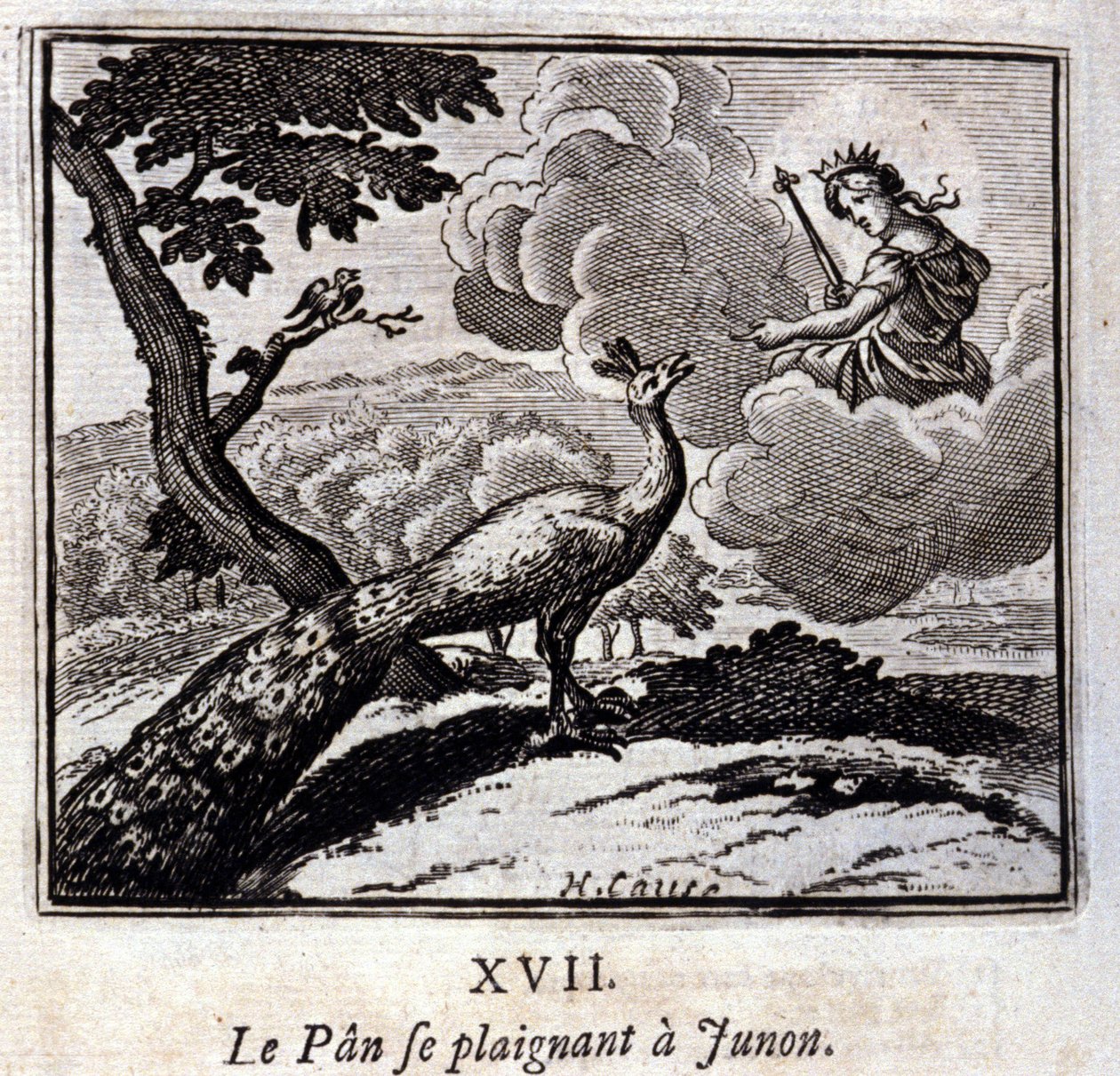The Peacock Complaining to Juno. Fables by Jean de La Fontaine. Illustration by François Chauveau. Edition of 1728 by Francois Chauveau