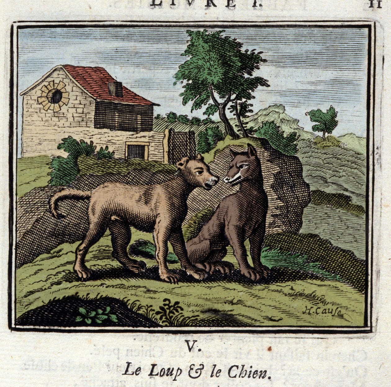 The Wolf and the Dog. Fables by Jean de La Fontaine. Illustration by Francois Chauveau. Edition of 1728 by Francois Chauveau