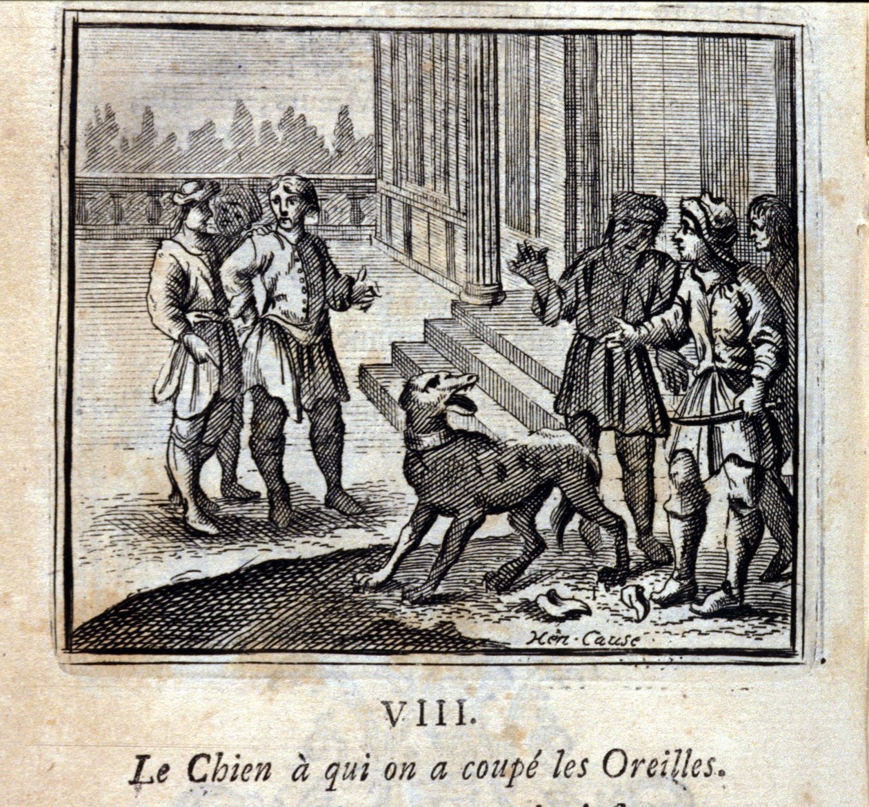 The Dog with His Ears Cut Off. Fables by Jean de La Fontaine. Illustration by François Chauveau. Edition of 1728 by Francois Chauveau