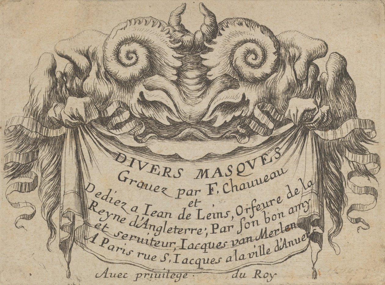 Title Plate with Two Satyr Heads, from Divers Masques, ca. 1635-45 by Francois Chauveau