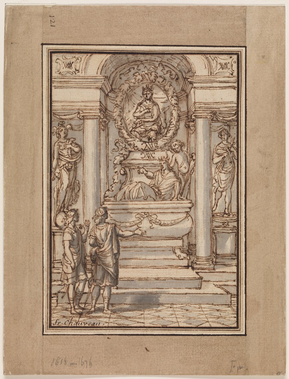 Two Men in Antique Drapery in Front of a Tomb by Francois Chauveau