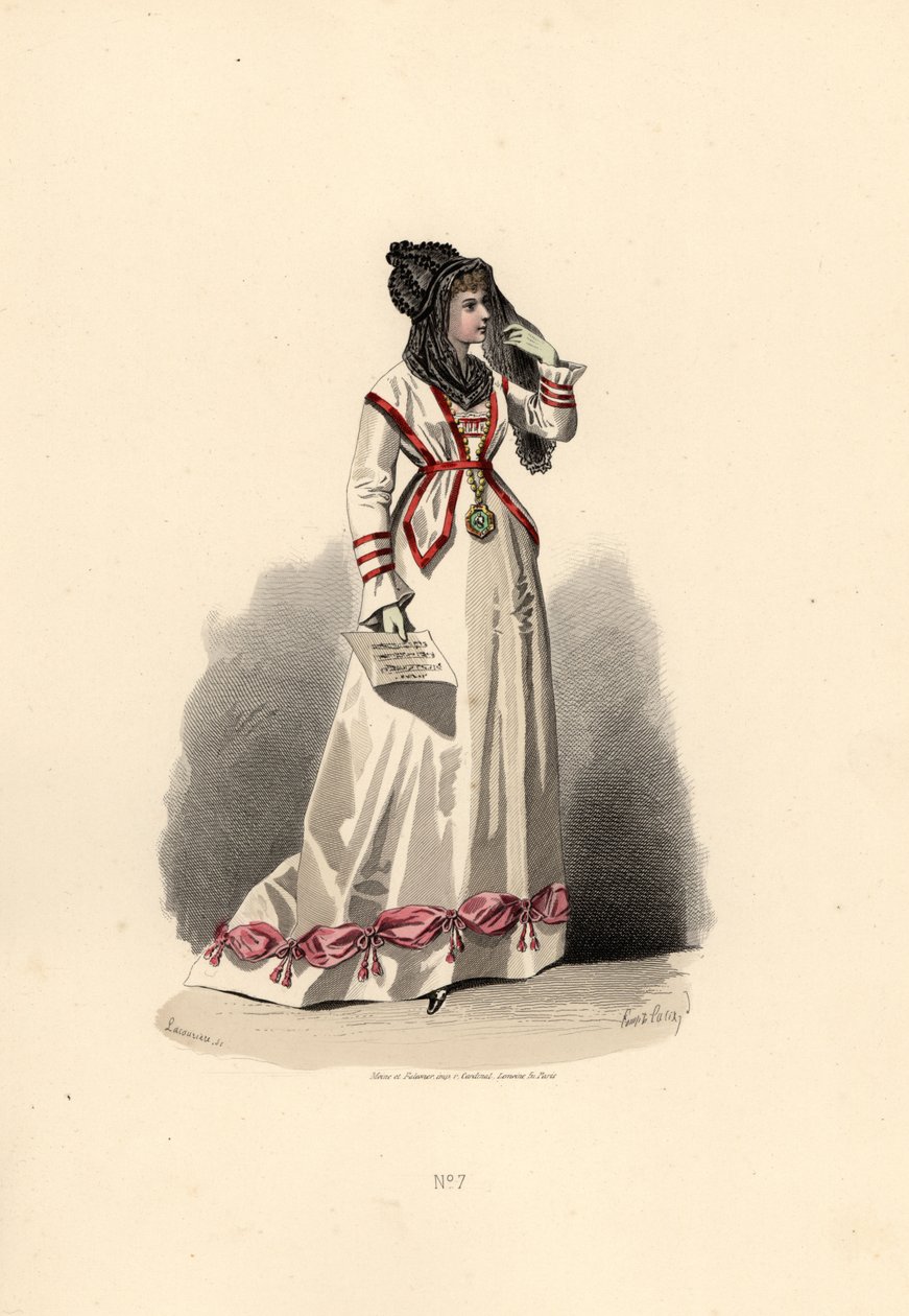 Woman in white dress ornamented with pink bouffants by Francois Claudius (after) Compte Calix