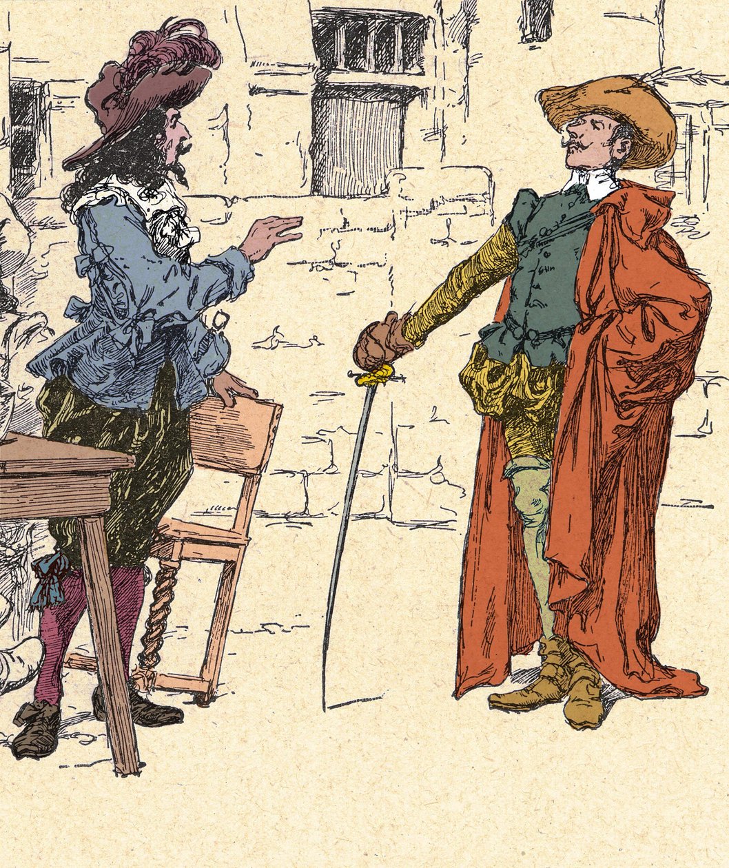Meeting of Cyrano, young, arriving in Paris, with D