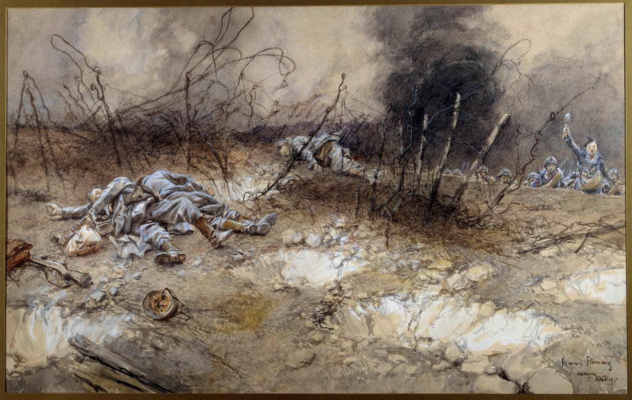 First World War: scene of the Battle of La Craonne on 5/04/1917. Body of infantrymen lying among the beards. Paris, Musee de l