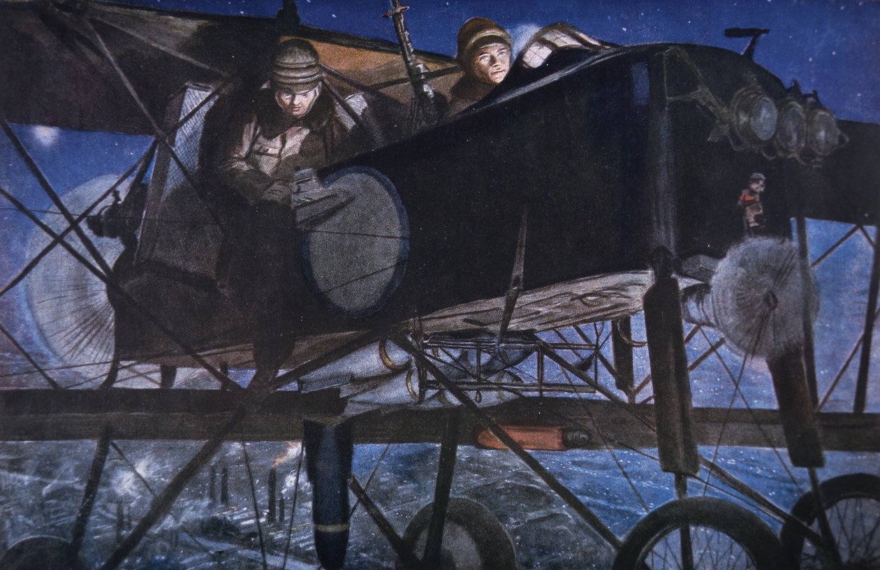 With the French Air Service, a Night Bombardment by a Voisin Biplane by Francois Flameng