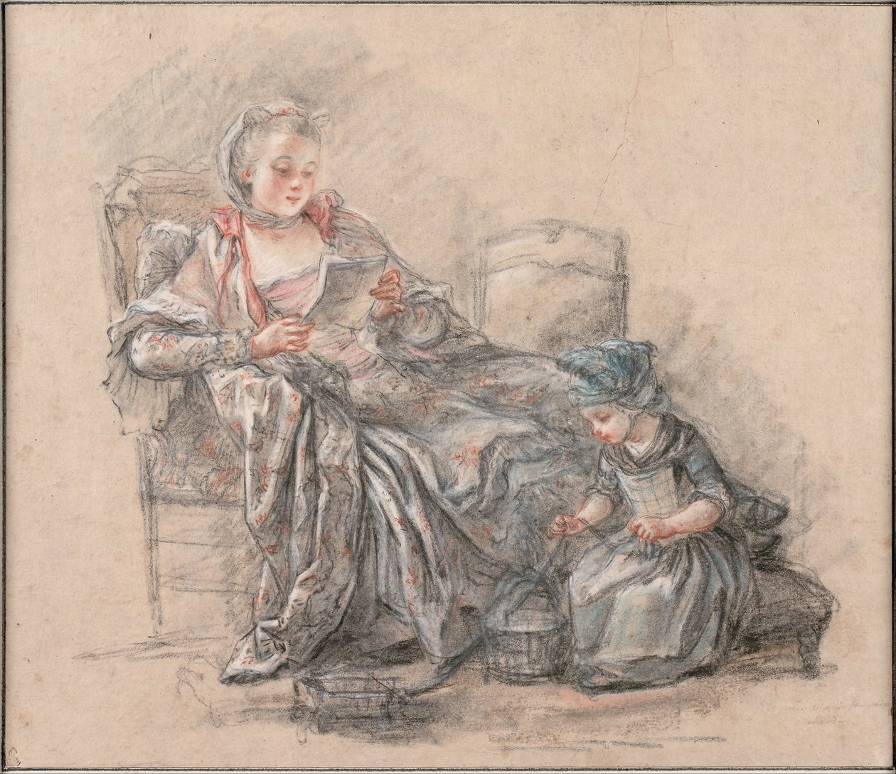 Woman Reading and a Girl Playing Marquise de Pompadour with Her Daughter Alexandrine, c. 1748 by Francois Guérin