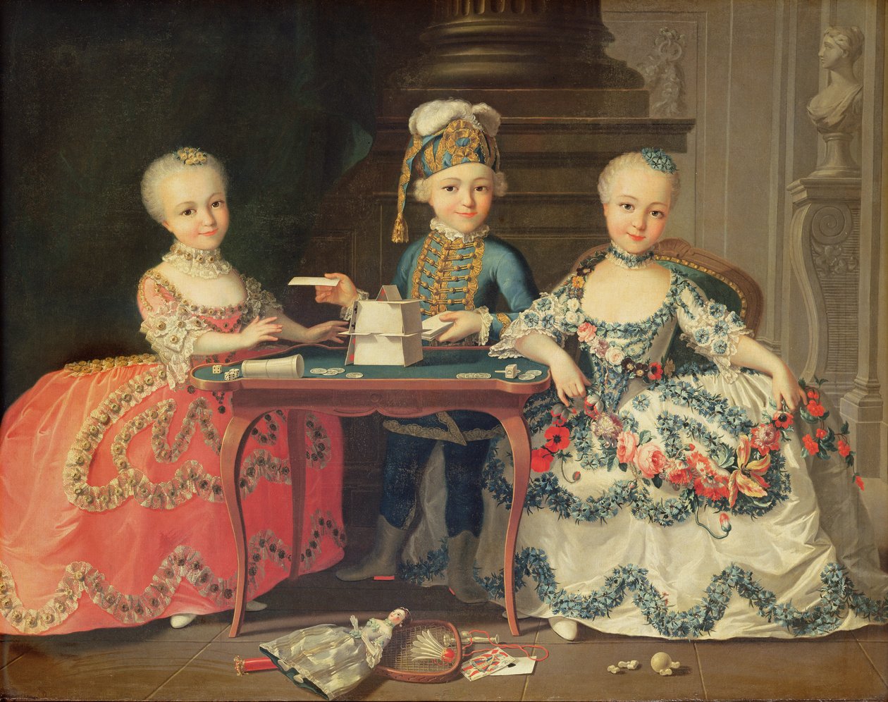 Group Portrait of a Boy and Two Girls Building a House of Cards with Other Games by the Table by Francois-Hubert Drouais