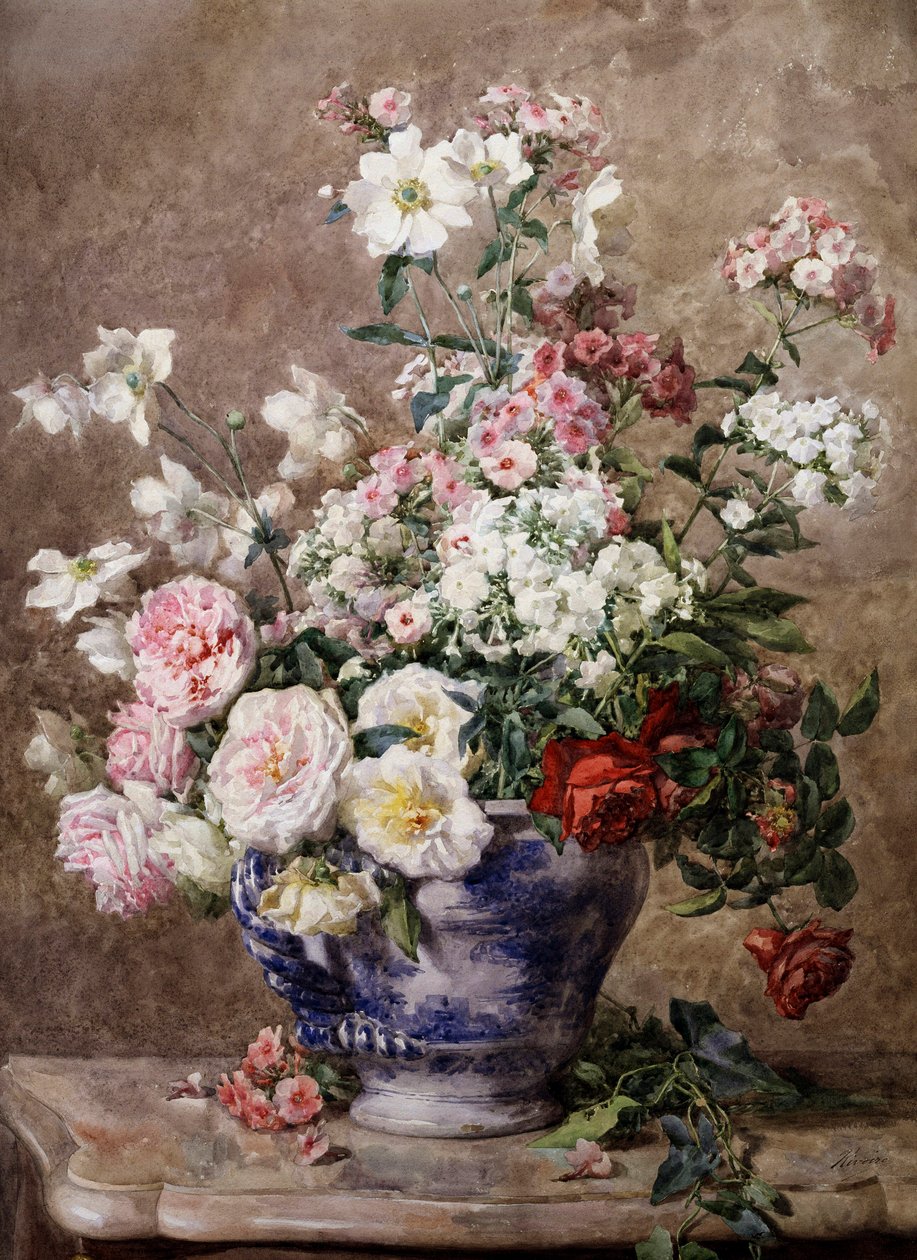 Still Life of Anemones and Roses in a Blue and White Vase. Painting by Francois Rivoire (1842-1919) Private collection. by Francois Rivoire