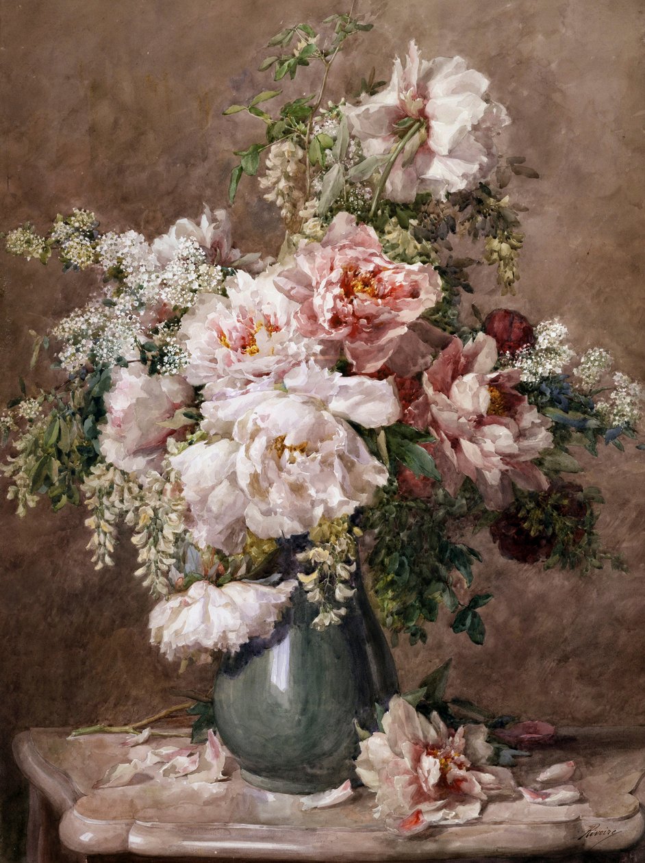 Still Life of Peonies and Roses. Painting by Francois Rivoire (1842-1919) Private collection. by Francois Rivoire