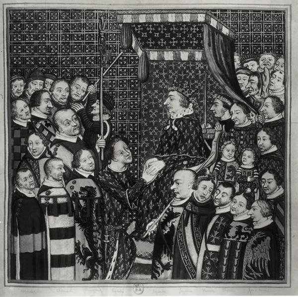 Louis II (1337-1410) Count of Clement, paying homage to Charles V (1338-80) copy of a 14th century miniature by Francois Roger de Gaignieres