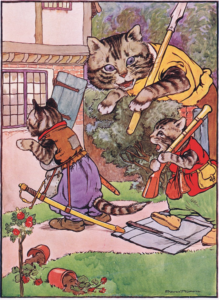 A cat with her kittens creeps up to the house, illustration from 