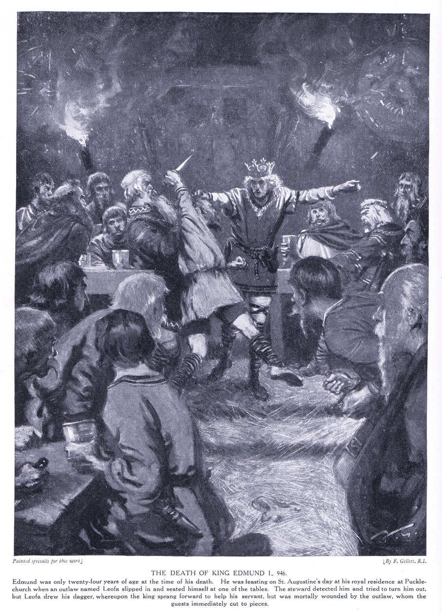 The Death of King Edmund I AD946, 1920s by Frank Gillett