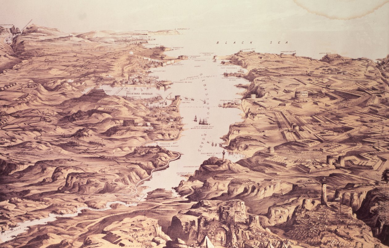 Panoramic View of the North and South Sides of the Harbour and Port of Sebastopol, designed and lithographed by Thomas Packer, pub. by Stannard and Dixon, 1855 by Frank C. Hughes