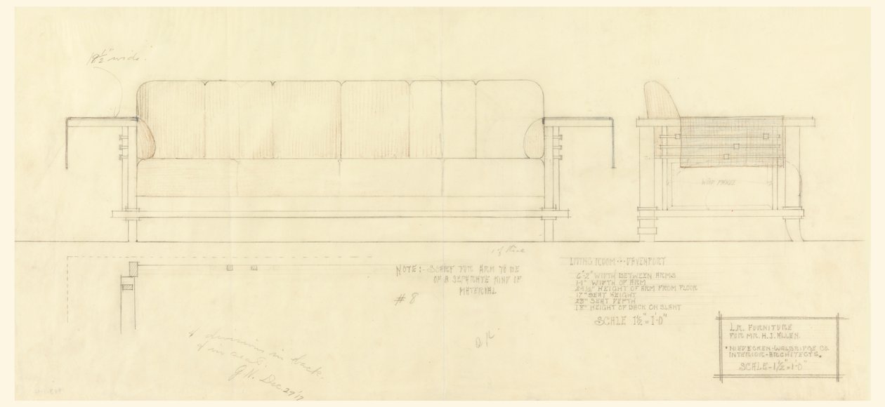 Living Room Davenport, Henry J. Allen Residence, Wichita, Kansas by Frank Lloyd Wright