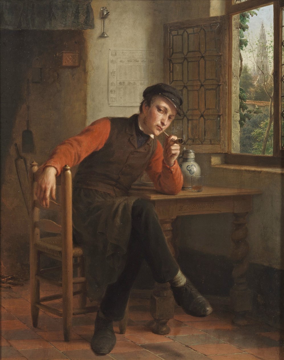 François Antoine De Bruycker - Young Man Smoking a Pipe in an Interior by François Antoine de Bruycker