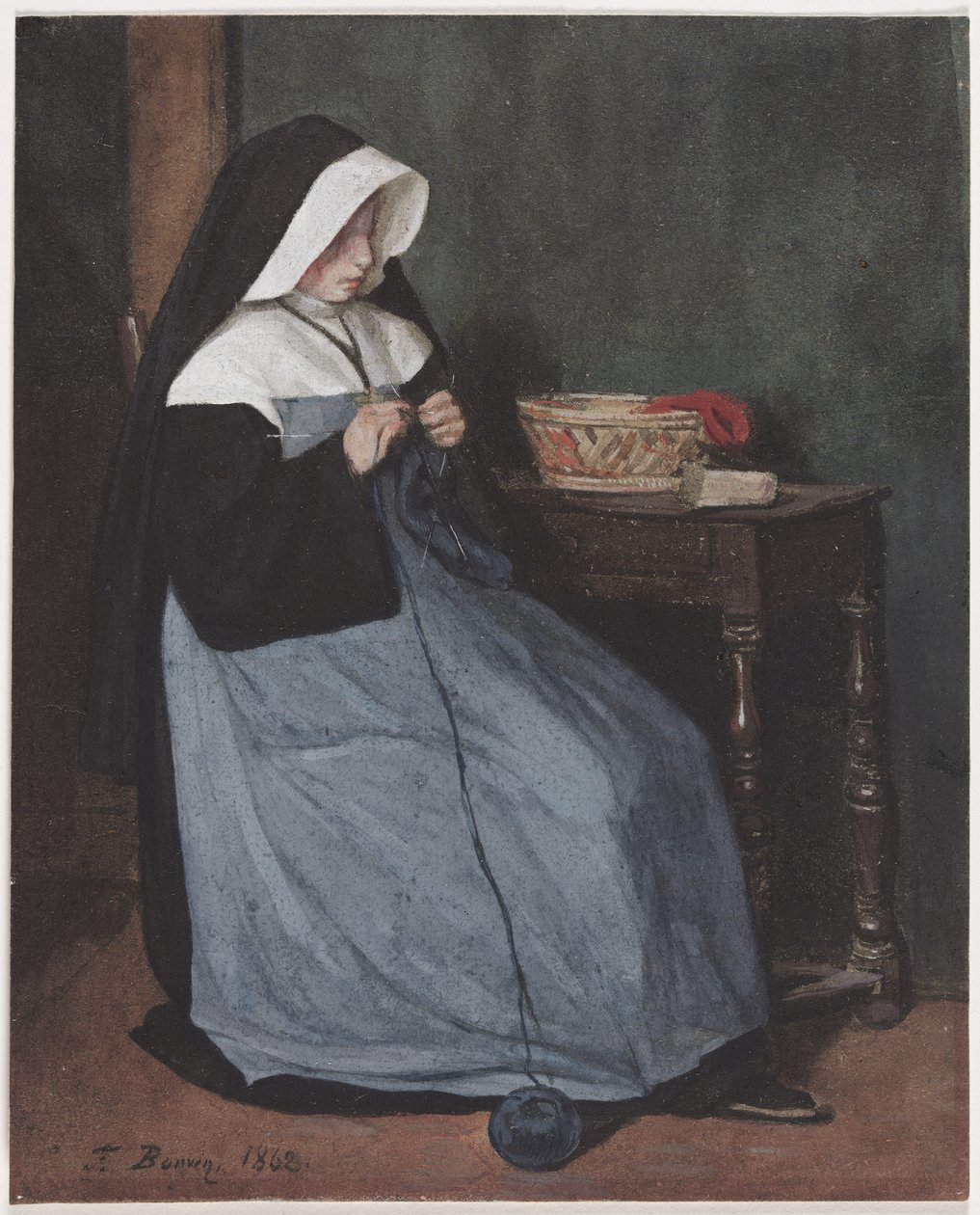 A Nun Seated at a Table Knitting, 1862 by François Bonvin