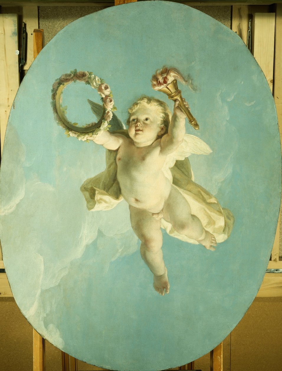 A Putti in Flight Holding a Wreath and a Torch by François Boucher