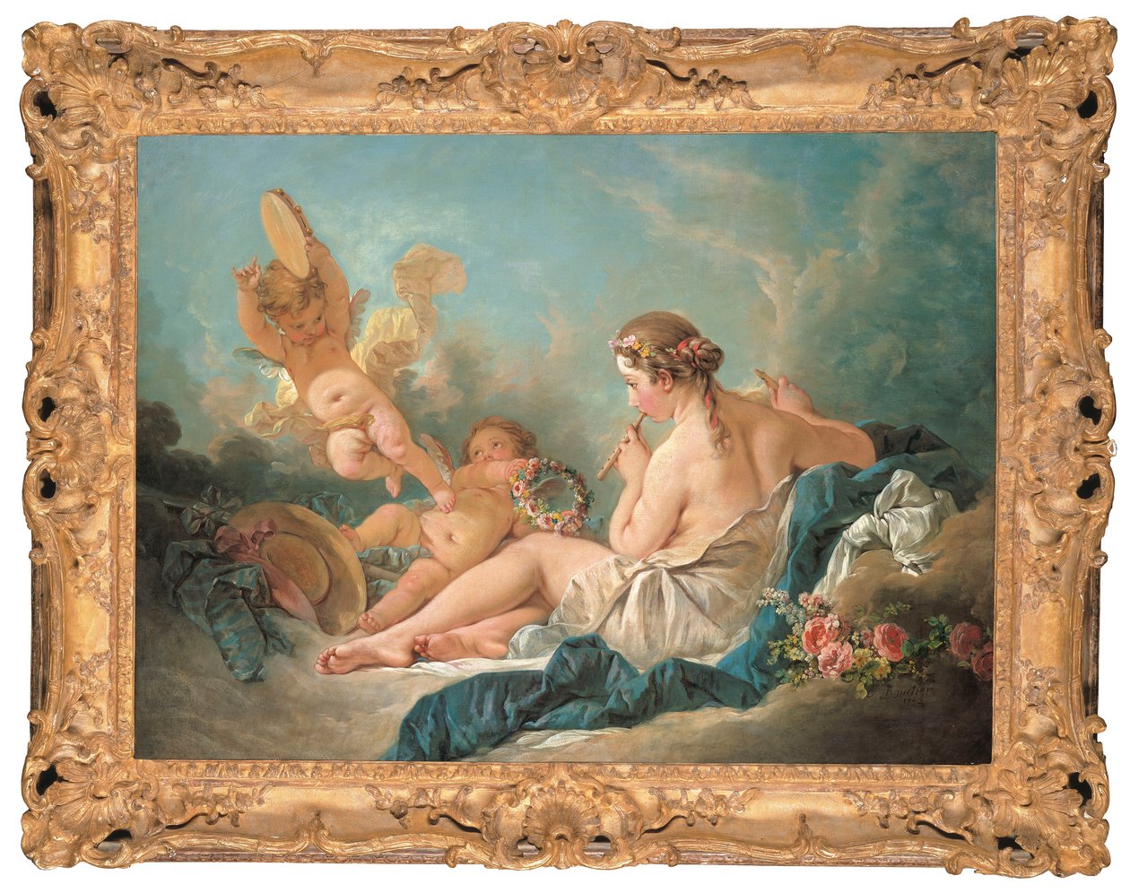 A Reclining Nymph Playing the Flute with Putti, Perhaps the Muse Euterpe by François Boucher