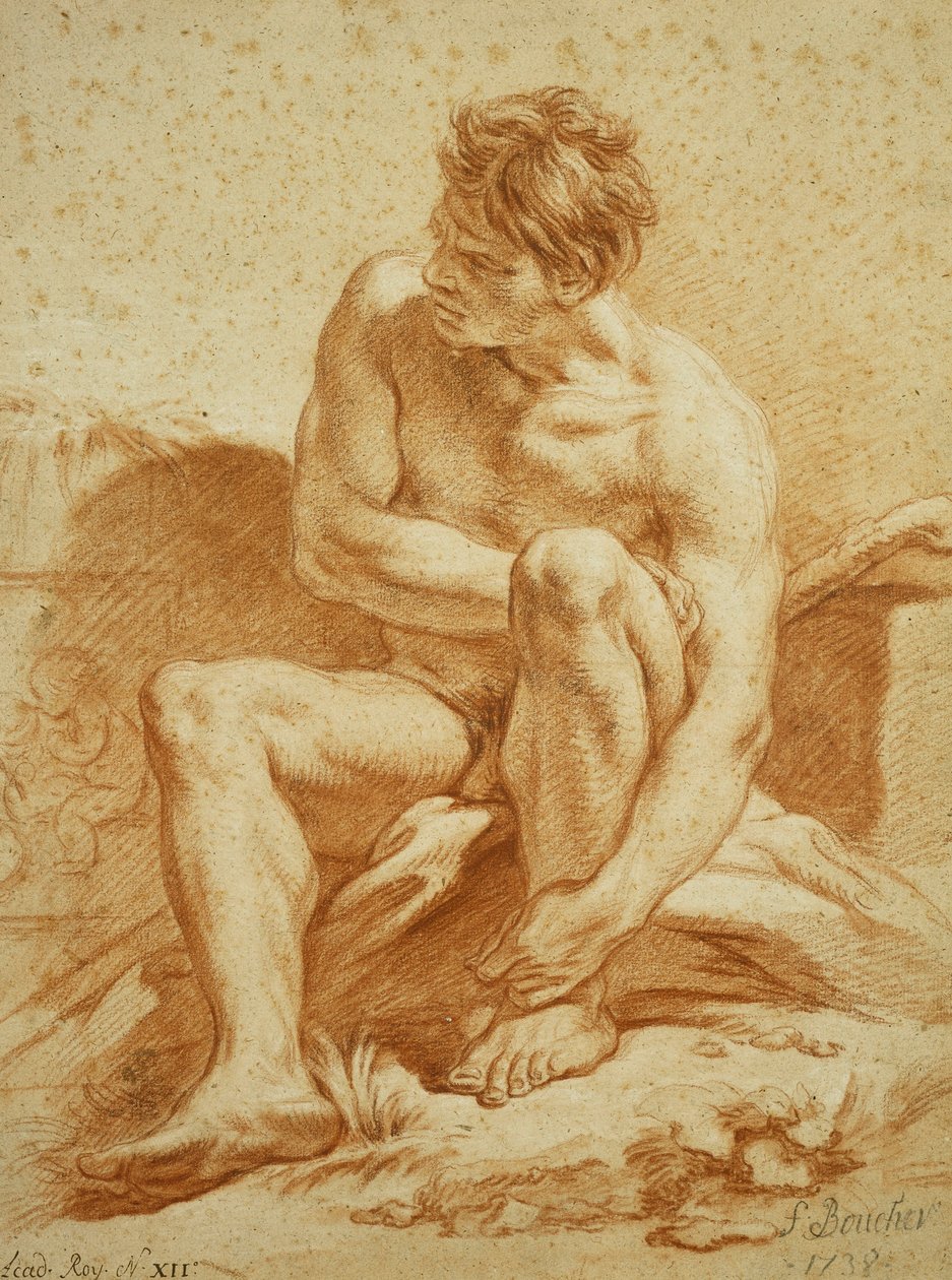 A Seated Nude with a Staff, a Relief with Putti to the Left by François Boucher