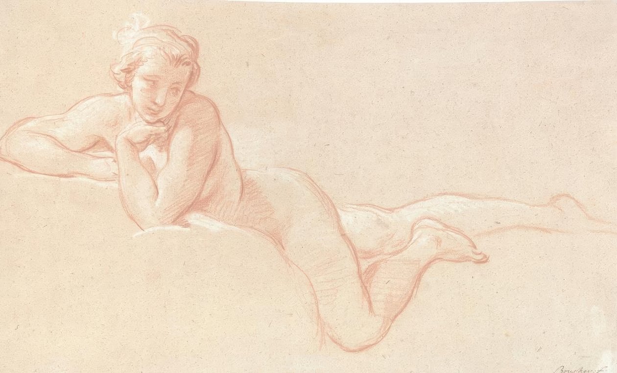 Study of a Nude Woman Lying on Clouds, Chin Resting on Left Hand by François Boucher