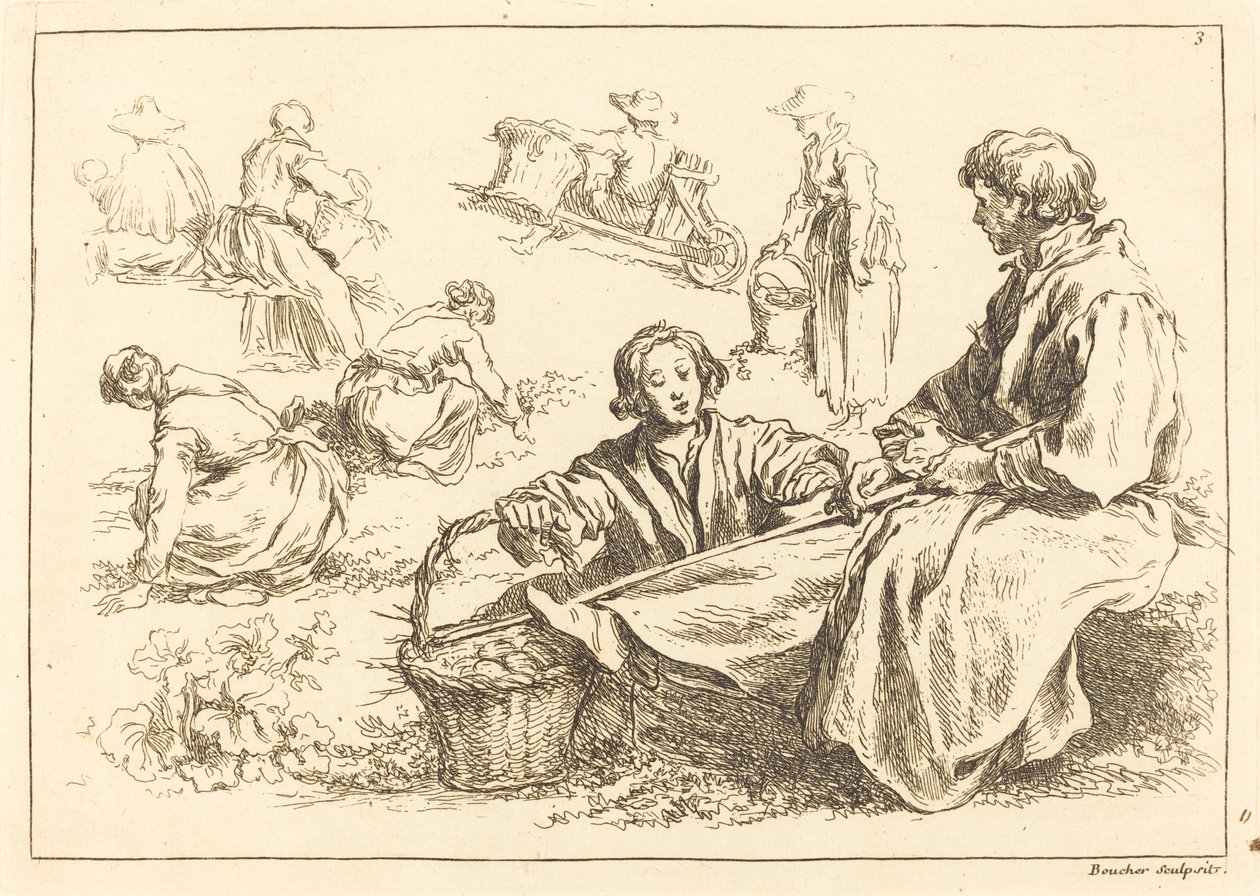 Figure Studies including Two Seated Peasants by François Boucher after Abraham Bloemaert