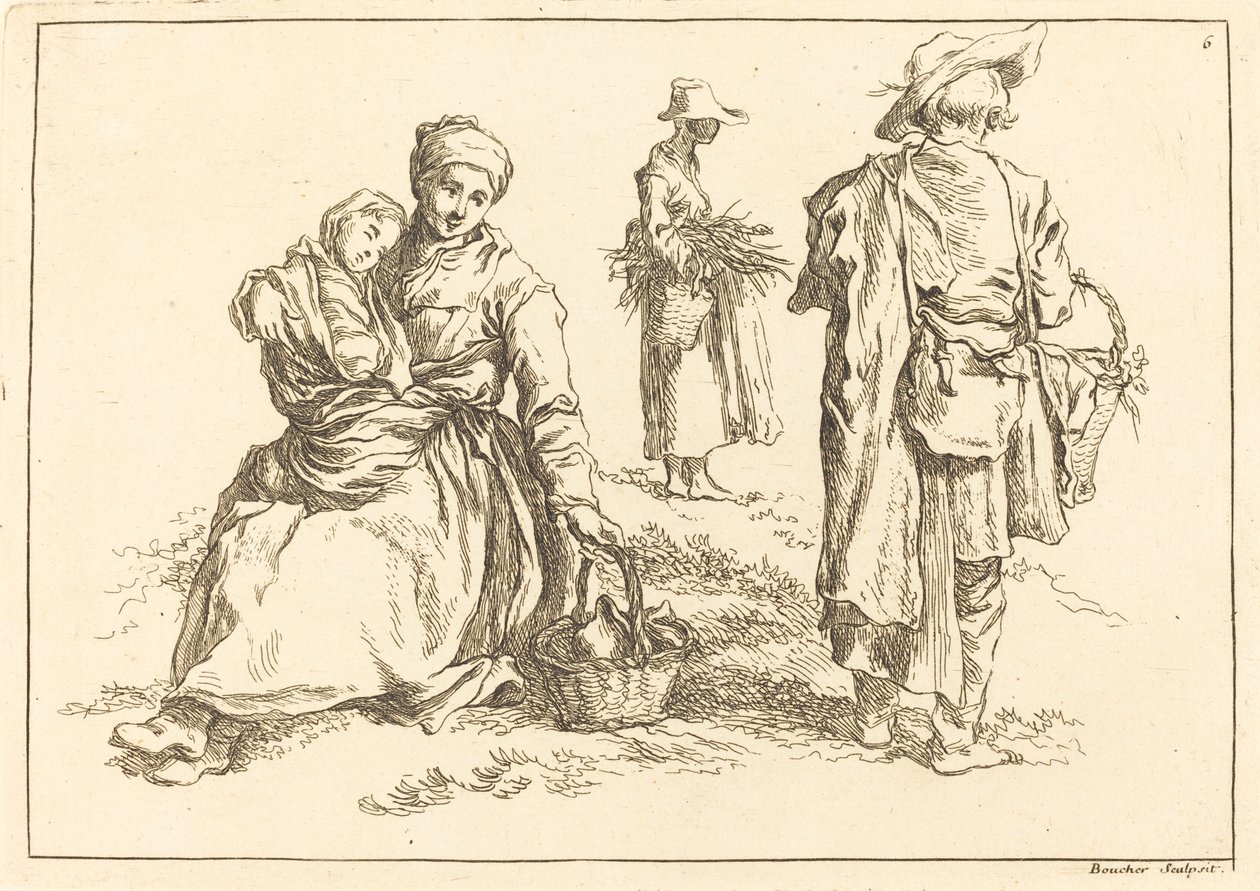 Seated Mother and Child, Two Standing Peasants by François Boucher after Abraham Bloemaert