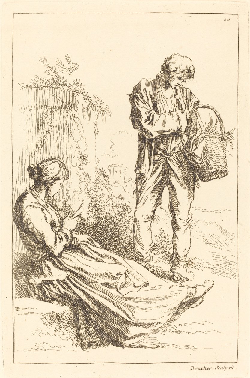 Seated Woman with Peasant Boy Holding a Basket by François Boucher after Abraham Bloemaert