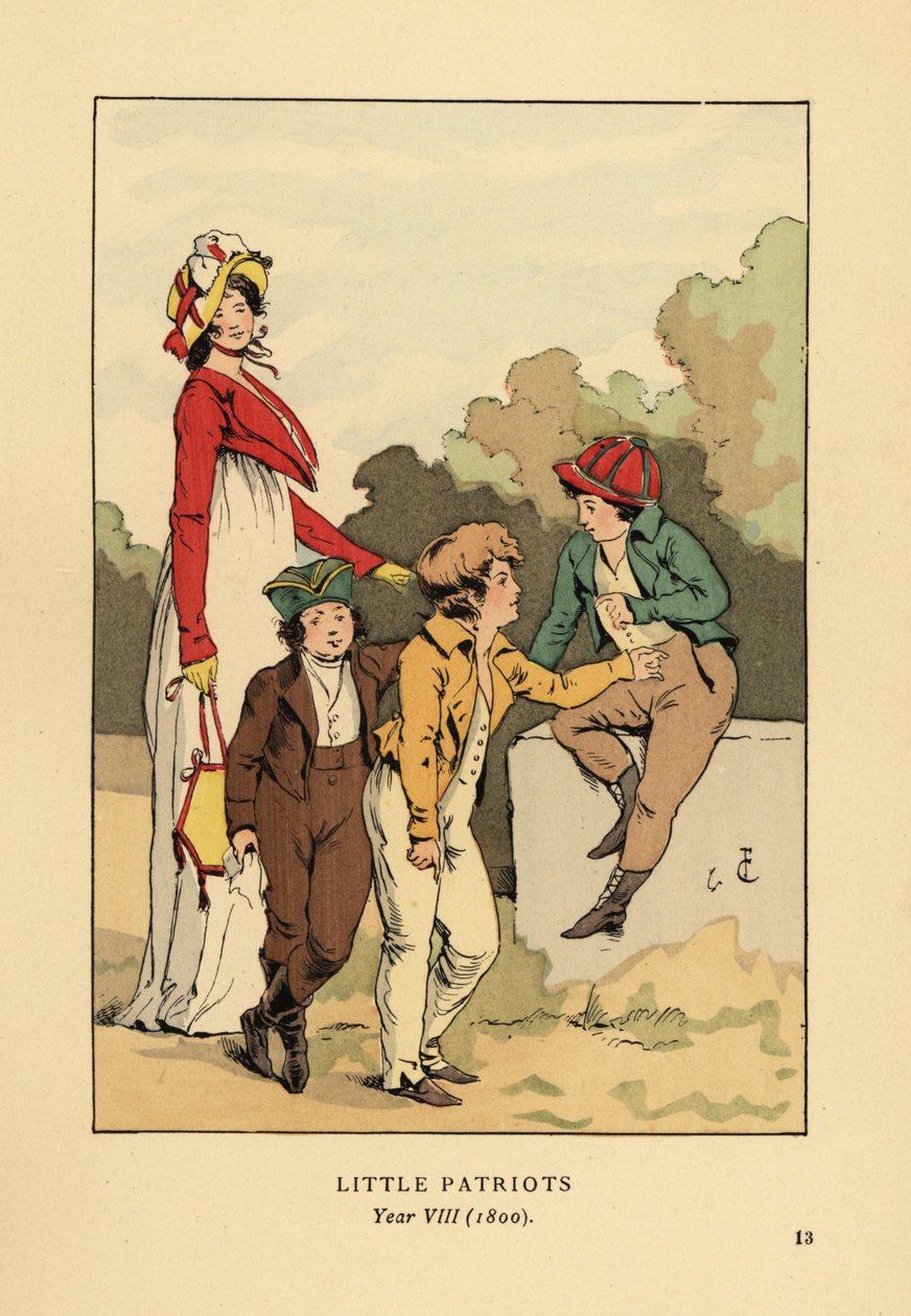 Boys in Jackets and Breeches with Merveilleuse in Roman Robe with Bonnet and Spencer Jacket. Little Patriots, Year VIII by François Courboin