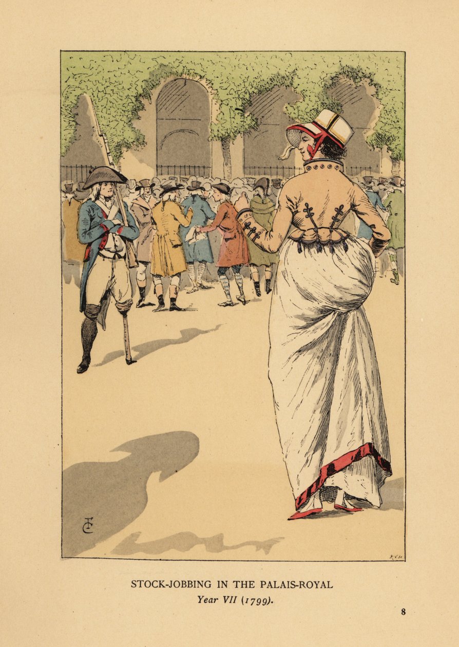 Fashionable Woman with a Group of Speculators or Agioteurs, Paris. A One-Legged Revolutionary Soldier Stands Guard. Stock Jobbing at the Palais Royal, Year VII by François Courboin