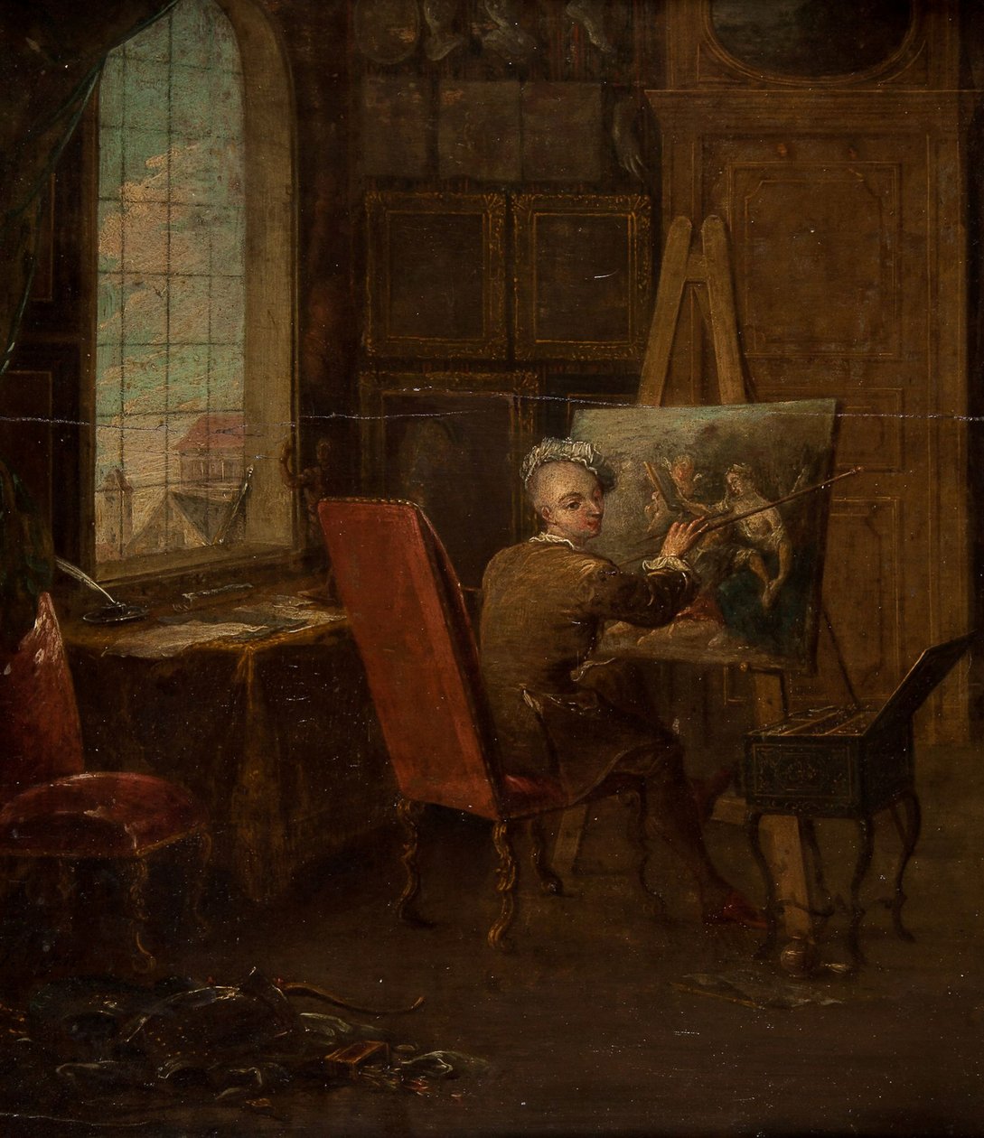 Self-portrait in the studio, holding a mahl-stick by Francois Eisen