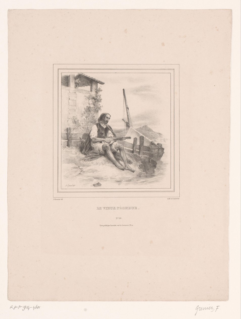 Old Fisherman with Lute by the Water (title on object: The Old Fisherman) by François Grenier